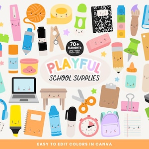 Clip Art de Material Escolar Brincalhão SVGs, PNGs, EPS, Arquivos AI, Lápis, Marcador, Régua, Fichário, Mochila Ilustrações de Clipart de Professor Bonito