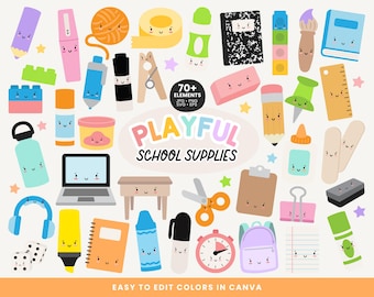 May include: A set of 70+ colorful school supply illustrations with cute cartoon faces. The illustrations include a pencil, eraser, scissors, ruler, glue stick, crayons, paintbrush, stapler, notebook, backpack, and more.