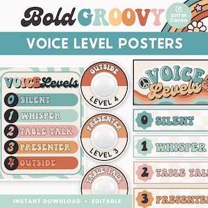 Voice Level Chart Classroom Printable Display, Editable in Canva, Groovy Retro Classroom Management Decor, PDFs + Template