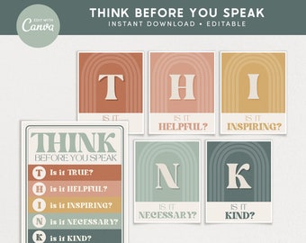 Think Before You Speak Editable Classroom Posters, Printable Canva Boho Classroom Decor, PDFs + Templates