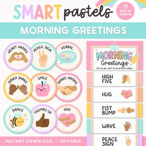 May include: A digital graphic with the text "SMART pastels MORNING GREETINGS". The image features various greeting options, including "Heart Hands", "Peace Sign", "Pinky Shake", "Smile", "Shake Hands", "Dance", "Thumbs Up", and "Hug".