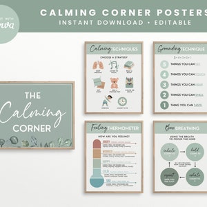 Calming Corner Editable Classroom Printables, Calm Down Skills, Canva Classroom Decor Prints - INSTANT DOWNLOAD - 5 PDFs + Editable Template