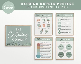 Calming Corner Editable Classroom Printables, Calm Down Skills, Canva Classroom Decor Prints - INSTANT DOWNLOAD - 5 PDFs + Editable Template
