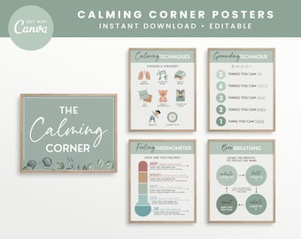 Calming Corner Editable Classroom Printables, Calm Down Skills, Canva Classroom Decor Prints - INSTANT DOWNLOAD - 5 PDFs + Editable Template