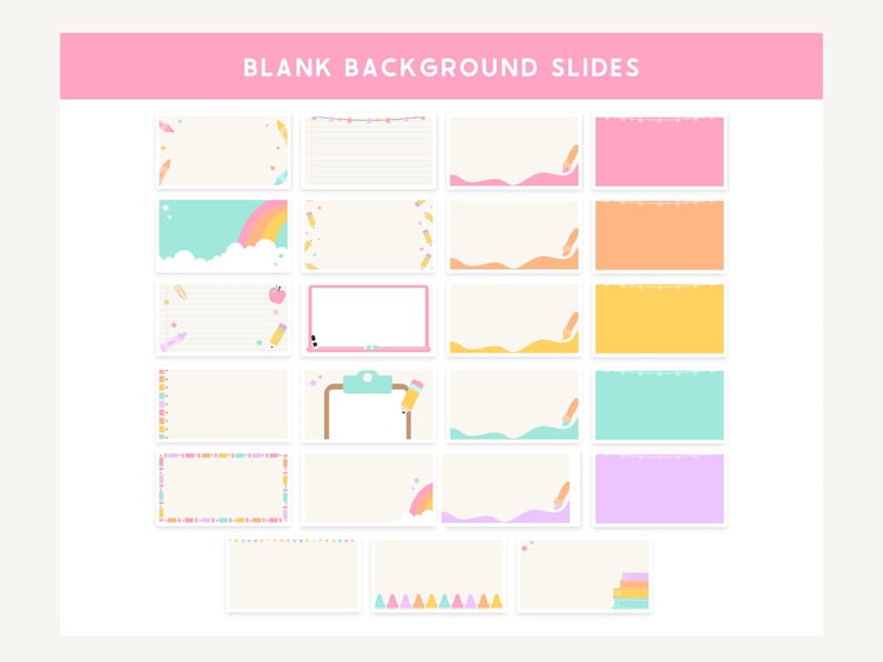 May include: A selection of blank background slides in pastel shades, such as pink, blue, and yellow. Each slide has decorative elements like rainbows, feathers, and lines. The text "BLANK BACKGROUND SLIDES" is displayed at the top.