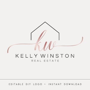 Peut inclure: Un logo pour une agence immobilière appelée "Kelly Winston Real Estate". Le logo représente une icône de maison stylisée avec les initiales "KW" en écriture cursive rose.