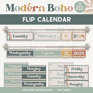 Classroom Flip Calendar Display, Modern Boho Classroom Decor, Editable Printable Classroom Management, PNGs, PDFs + Canva Editable Files