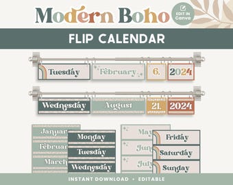 Classroom Flip Calendar Display, Modern Boho Classroom Decor, Editable Printable Classroom Management, PNGs, PDFs + Canva Editable Files