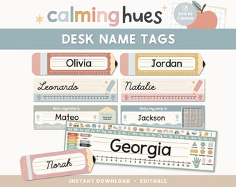 Editable Desk Name Tags for Students | Pastel Printable Name Plates for Classroom Desks | Alphabet for Kids | Instant Download