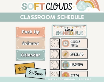 Horario de clases, plantilla editable de Canva en colores pastel, nubes suaves, lindos imprimibles para la gestión del aula, archivos PDF + plantillas editables