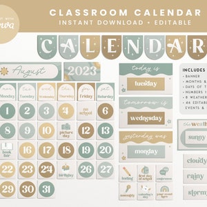 Classroom Calendar Display and Weather Station, Editable Printable Bundle, Modern Cute Boho Classroom Decor, PNG, PDF + Canva Editable Files