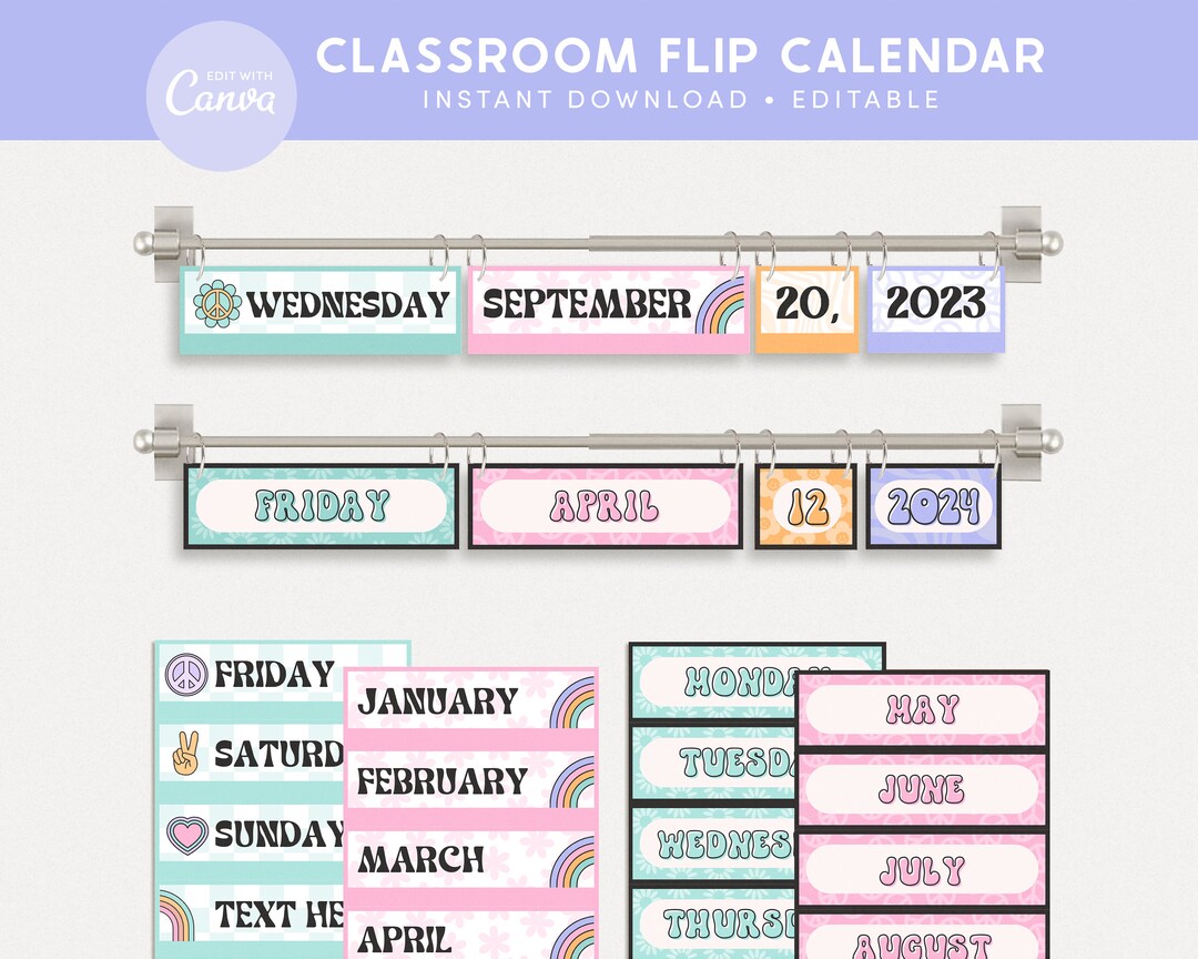 Classroom Flip Calendar Display, Pastel Groovy Classroom Decor ...