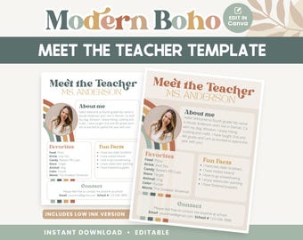 Meet the Teacher Classroom Printable Template, Teacher Introduction, Boho Classroom Print Canva, INSTANT DOWNLOAD Canva Editable Template
