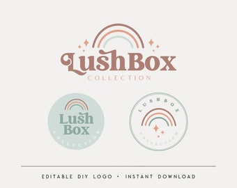 Può includere: Un design di logo per un'azienda chiamata Lush Box Collection. Il logo presenta un arcobaleno con stelle e il testo "Lush Box Collection" in un font retrò.