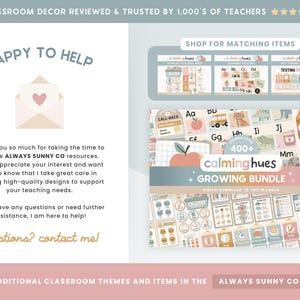 May include: A promotional image for classroom decor, featuring a bundle of digital downloads with the text "calming hues + GROWING BUNDLE." The image includes various educational materials, such as alphabet posters and testing charts, with a soft, pastel color scheme.