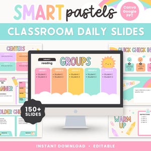 Könnte beinhalten: Eine digitale Präsentationsvorlage für den Unterricht in Pastellfarben. Das Design umfasst Folien für Zentren, Gruppen, Schnellkontrollen und einen Planer. Der Text enthält "SMART pastels" und "CLASSROOM DAILY SLIDES".