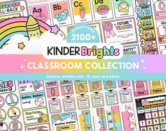 Editable Classroom Kinder Brights Printable Bundle, Canva Templates Classroom Theme, Teacher Management, Bright Organization Display