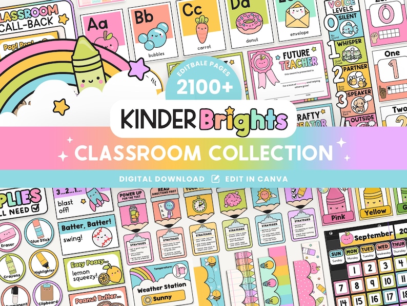 May include: A colorful classroom collection digital download with the text "KINDER Brights CLASSROOM COLLECTION". The image features various educational elements, including alphabet cards, a future teacher certificate, and a calendar.