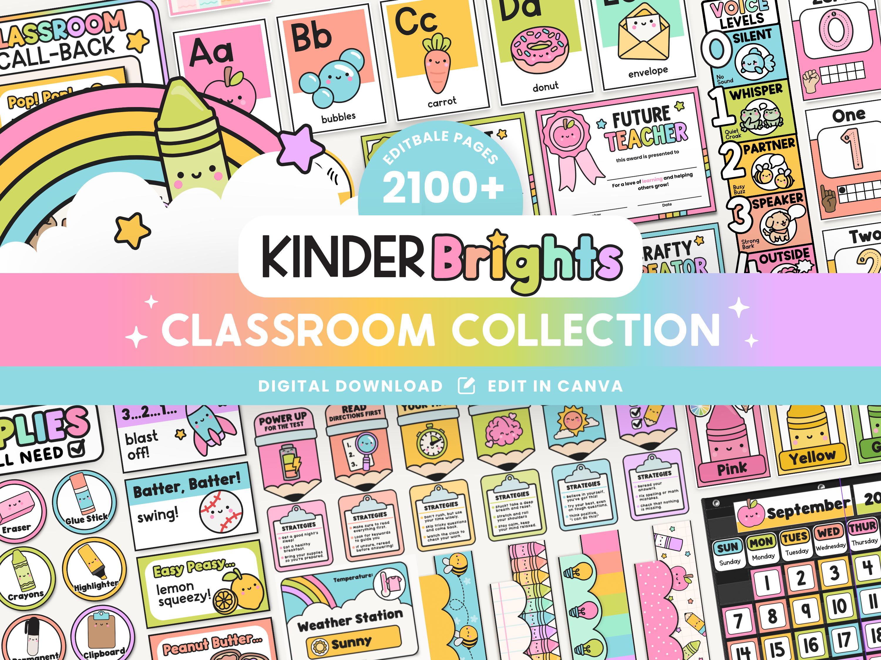 Editable Classroom Kinder Brights Printable Bundle, Canva Templates ...