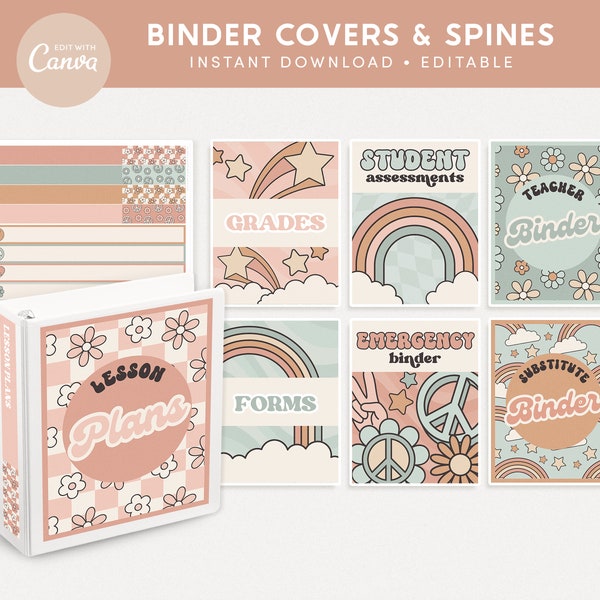 Classroom Binder Covers and Spines, Editable Groovy Retro Teacher Organization, PDFs + Canva Editable Templates