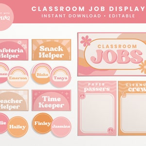 Editable Classroom Job Display, Groovy Retro Cute Classroom Decor, Canva Classroom Management - INSTANT DOWNLOAD PDFs and Editable Template