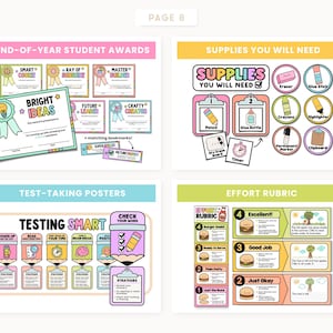 May include: A page of colorful educational printables. Includes end-of-year student awards, a list of supplies needed, test-taking posters, and an effort rubric. The text includes "Bright Ideas", "Testing Smart", and "Supplies You Will Need".