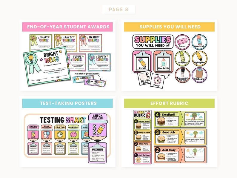 May include: A page of colorful educational printables. Includes end-of-year student awards, a list of supplies needed, test-taking posters, and an effort rubric. The text includes "Bright Ideas", "Testing Smart", and "Supplies You Will Need".