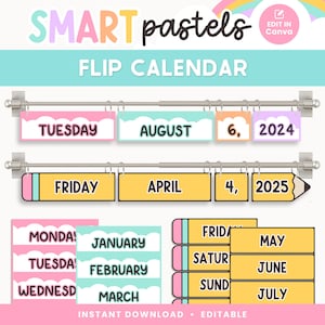 Classroom Flip Calendar Display, Bright Pastel Classroom Decor, Editable Printable Classroom Management, Canva Editable Files