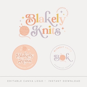 Editable Logo Design, DIY Canva Modern Boho Knitting Logo, Retro Knit Yarn Ball Logo Template, Handmade Boutique Logo, Instant Download
