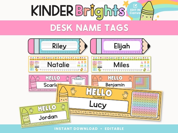 Editable Desk Name Tags for Students | Bright Printable Name Plates for Classroom Desks | Pencil + Learning Tags for Kids | Instant Download