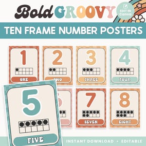 Number Ten Frames Classroom Editable Posters, Groovy Counting Templates, Retro Canva Classroom Decor - PDFs + Editable Templates