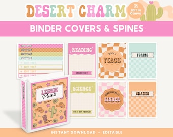 Classroom Binder Covers and Spines, Editable Bright Desert Teacher Organization, PDFs + Canva Editable Templates