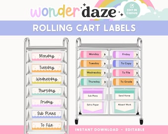 May include: Rolling cart labels with the text "wonder daze" and "ROLLING CART LABELS". The labels are for Monday through Friday, plus "Sub Plans", "To File", "To Copy", "To Grade", "Send Home", "Extra Paper", and "Absent Work".