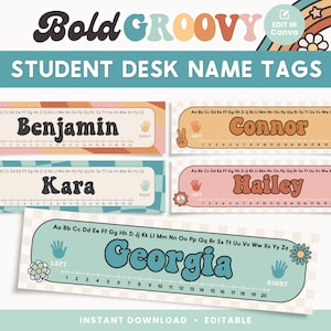 Student Desk Name Labels, Editable Classroom Printables, Student Name Tags, Groovy Canva Classroom - Canva Editable Template