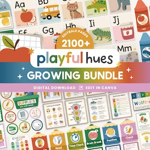 Może przedstawiać: Cyfrowy pakiet do pobrania zatytułowany Playful Hues Growing Bundle zawierający ponad 2100 edytowalnych materiałów edukacyjnych do klasy. Kolekcja obejmuje karty z alfabetem, etykiety w kształcie kredek, wykresy emocji oraz różne plakaty.