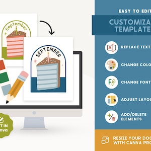 May include: A computer screen displays a design template with a cake graphic and the word "September." The image also shows a pencil, color swatches, and text that reads "Easy to Edit Customizable Templates."