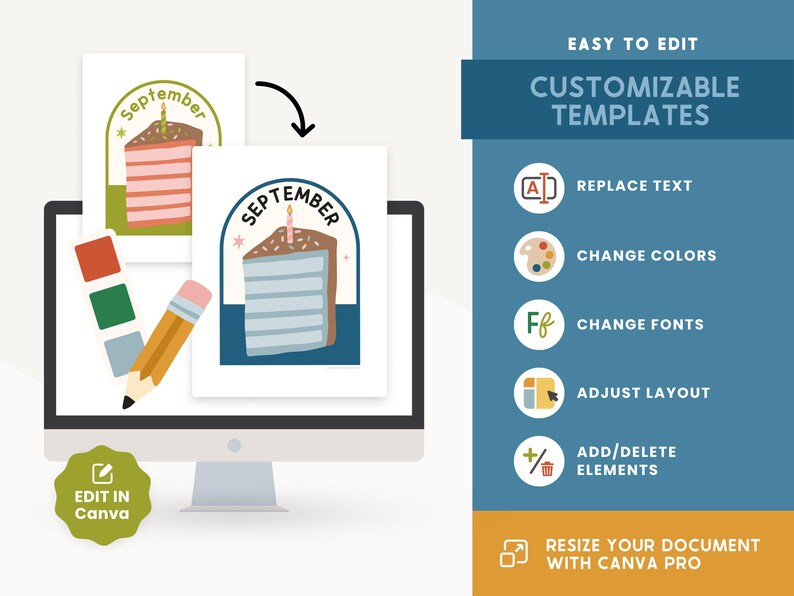 May include: A computer screen displays a design template with a cake graphic and the word "September." The image also shows a pencil, color swatches, and text that reads "Easy to Edit Customizable Templates."