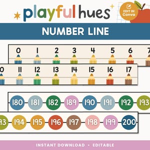 May include: A colorful number line educational graphic with the text "NUMBER LINE" and the logo "playful hues". The numbers are displayed with pencil illustrations. The graphic includes numbers from 0 to 200.