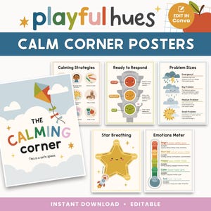 Kalmerende hoek bewerkbare klas printables | Kalmerende vaardigheden | Pastel thuisonderwijs Hulpmiddelen voor emotionele regulatie | Montessori-muurkunst SEL