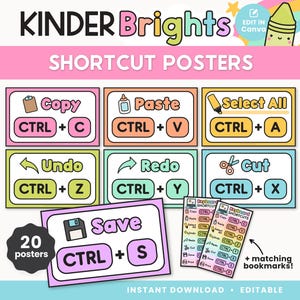 Może przedstawiać: Kolorowe plakaty ze skrótami klawiaturowymi z poleceniami takimi jak Kopiuj, Wklej i Zapisz, każdy z odpowiednim skrótem klawiaturowym. Zawiera pasujące zakładki. Tekst "KINDER Brights" i "SHORTCUT POSTERS" są wyświetlane u góry.