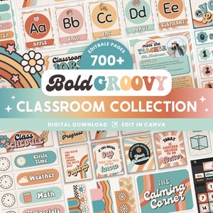 Editable Classroom Groovy Retro Complete Collection Printable Bundle, Canva Templates, Classroom Management, Organization, Classroom Display