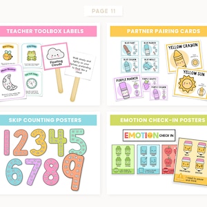 May include: A page of colorful educational printables. Includes teacher toolbox labels, partner pairing cards, skip counting posters, and emotion check-in posters. The designs feature cute illustrations of a bee, frog, cloud, crayon, sun, and more.