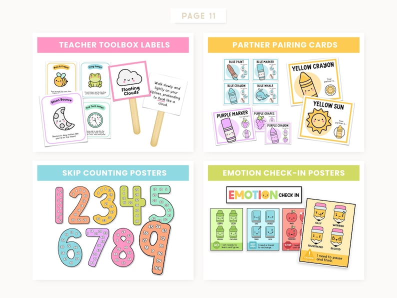 May include: A page of colorful educational printables. Includes teacher toolbox labels, partner pairing cards, skip counting posters, and emotion check-in posters. The designs feature cute illustrations of a bee, frog, cloud, crayon, sun, and more.