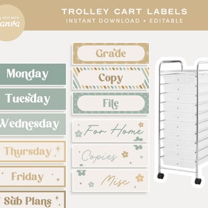 Klassenzimmer Rollwagen-Etiketten, bearbeitbare Lehrer-Schubladenablage, moderne Boho-Klassenzimmer-Organisation, PDFs + bearbeitbare Canva-Dateien