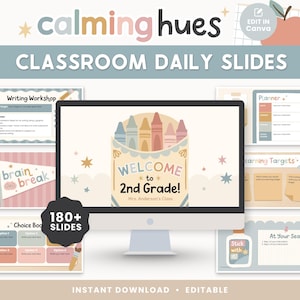 Diapositivas editables para el aula / Plantillas en tonos pastel relajantes para Canva, Google Slides y PowerPoint / Reunión matutina, agenda, rotaciones