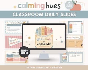 Editable Daily Classroom Slides | Pastel Calming Hues Templates for Canva, Google Slides + PowerPoint | Morning Meeting, Agenda, Rotations