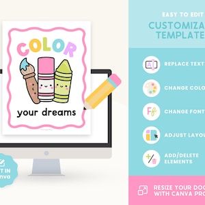 Puede incluir: Una ilustraci&oacute;n digital de un pincel, un cray&oacute;n y un marcador con caras sonrientes. El texto "COLOR your dreams" est&aacute; escrito en letras rosas sobre un fondo blanco con un borde rosa.