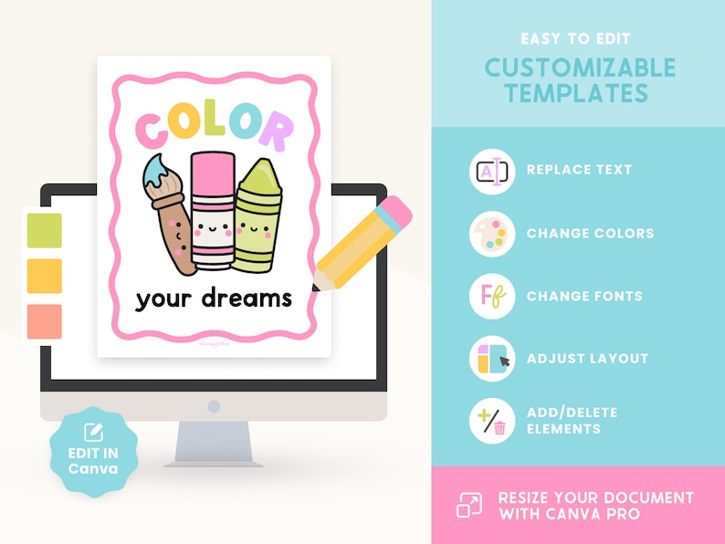 Puede incluir: Una ilustraci&oacute;n digital de un pincel, un cray&oacute;n y un marcador con caras sonrientes. El texto "COLOR your dreams" est&aacute; escrito en letras rosas sobre un fondo blanco con un borde rosa.