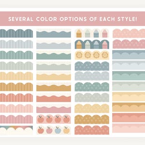 May include: A collection of decorative borders in various colors and styles. The borders include scalloped edges, wavy lines, and patterns with apples, suns, and houses. The text at the top reads "SEVERAL COLOR OPTIONS OF EACH STYLE!"