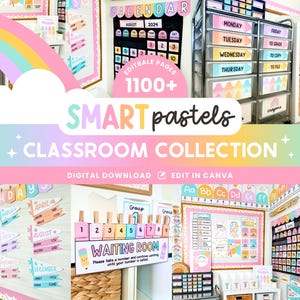 Bearbeitbares Klassenzimmer Smart Pastels Komplette Sammlung druckbares Bündel, Canva-Vorlagen Klassenzimmer-Manager, helles Organisationsdisplay